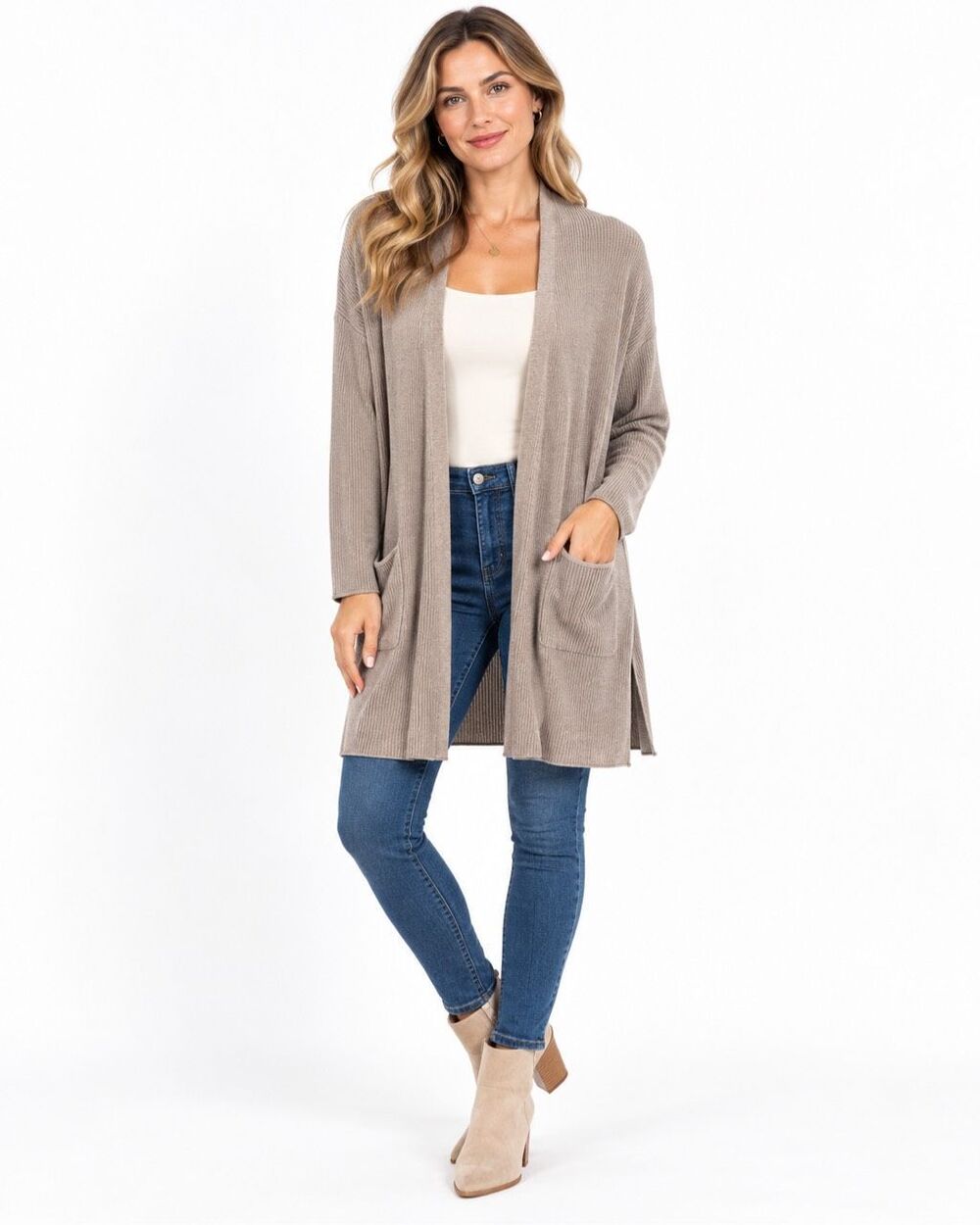 T Tahari Taupe Cashmere Blend Longline Open Front Cardigan Medium